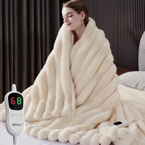 HaloRest Heated Throw Blanket, Faux Fur Cozy Heating Blanket with Overheat Protection, 1/2/4/6/8 Hours Auto-Off 10 Heat Level, Machine Washable (50x60 Inches, Cream White)