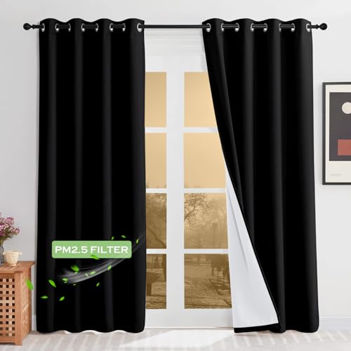 KGORGE 4-in-1 Soundproof Anti Dust 100% Blackout Curtains with Melt-Blown Layer Noise Reducing Thermal Insulating Window Drapes for Bedroom Nursery, W 52 x L 84, Black, 2 Panels