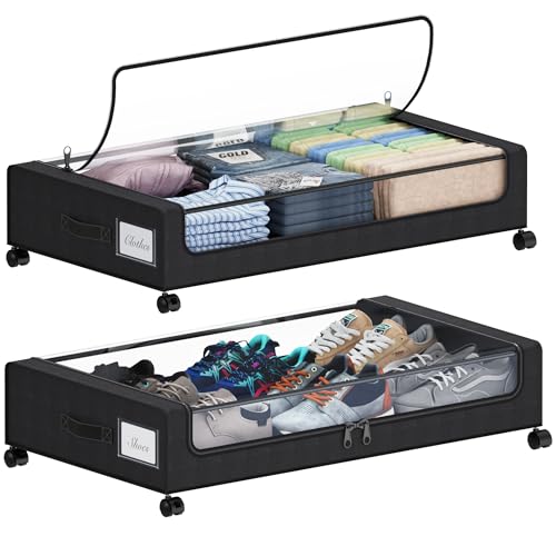 Tututry Under Bed Storage with Wheels, XXL 60L Under the Bed Storage Bins, Underbed Storage Containers with Lids & Label, Rolling Metal Drawer for Shoes, Clothes, Books, Toys (2-Pack Black)
