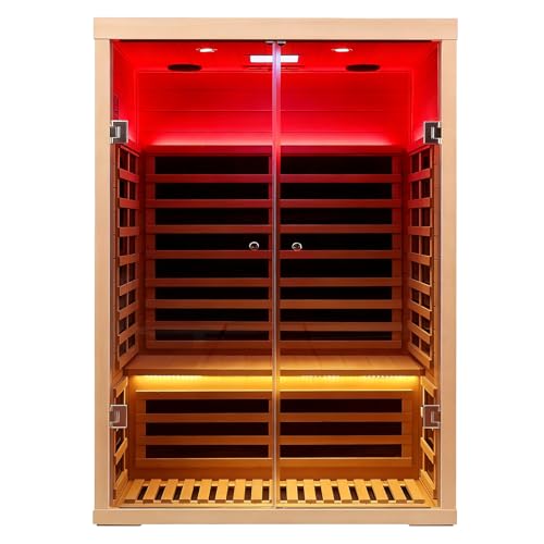 Smart App Control 2 Person Ultra Low EMF (<5mG) Far Infrared Sauna for Home,1780W Hemlock Indoor Sauna Spa with Touch Panel, Insulation Cover, Bluetooth Speaker, Chromatherapy Light, Reading Light