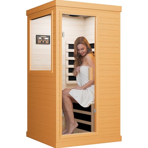 OUTEXER Far Infrared Sauna Home Sauna Spa Room Canadian Hemlock Wood 1200W Indoor Saunas Low EMF 110V with Control Panel and Tempered Glass Door, Room: 35.2 * 27.6 * 61.6Inch