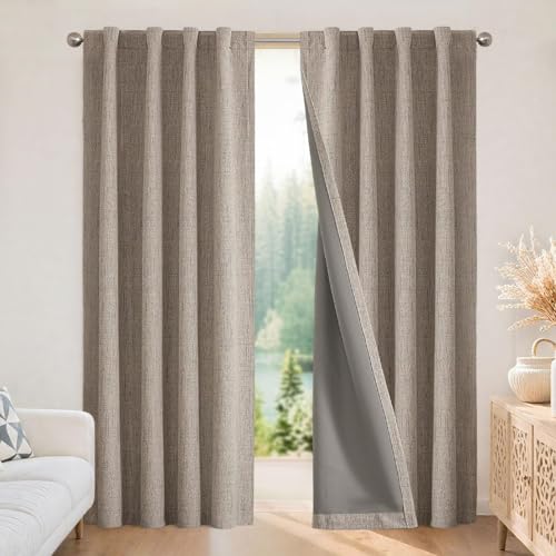 Joydeco Blackout Curtains for Bedroom - Nature Linen 84 Inch Long 100% Light Blocking 2 Panels Set, Rod Pocket & Back Tabs Living Room Drapes, Thermal Insulated Room Darkening Window Curtains