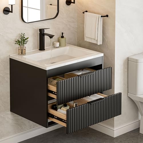 24 Inches Modern MDF Bathroom Vanity with Sink, Wall Mounted Floating Cabinets w/Double Drawers, Black Handles, White Resin Sink Combo Set (Black, 24
