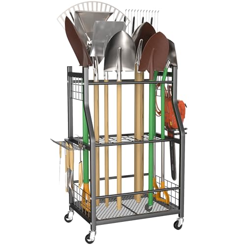 WALMANN Garden Tool Organizer with Wheels for Garage, Rakes/Shovels/Yard Tools Storage Stand for Garden, Shed, Indoor/Outdoor Long-Handled Tools Rolling Cart