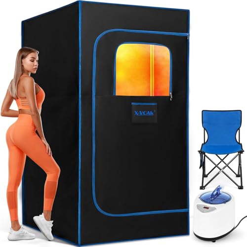 X-Vcak Upgraded Portable Sauna Box of Relaxation, Detoxification, Steam Sauna for Home with Steamer, Pairs Remote Control, Folding Chair, 9 Levels, 2.6’ x 2.6’ x 5.9’