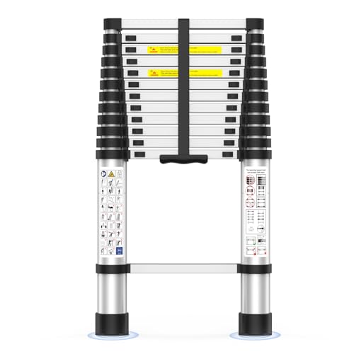 Telescoping Ladder,12.5 FT Extension Ladder, Heavy Duty 330lbs Max Capacity, Multi-Purpose Collapsible Ladder for RV or Outdoor Work Black
