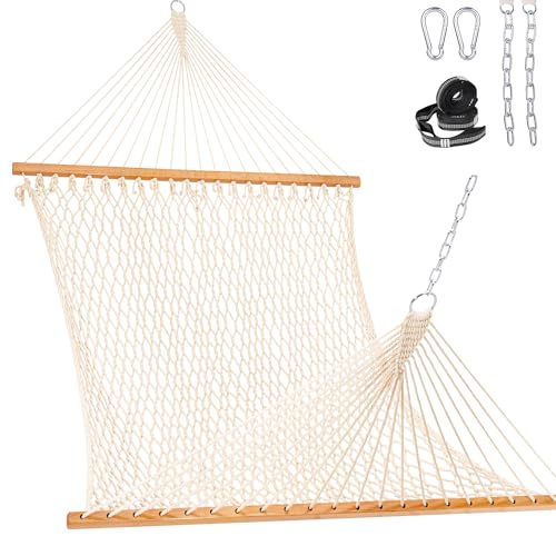 Lazy Daze Hammocks Double Rope Hammock, 2 Person Traditional Outdoor Hand Woven Cotton Rope Hammock with Spreader Bar, Chains, Tree Straps for Patio Yard - Max 450 Lbs, Natural