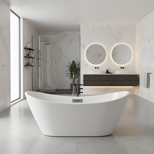 Freestanding Bathtub – 59 Inch Modern Acrylic Soaking Bathtub, Deep Oval Free Standing Tub with Chrome Drain & Overflow, Freestanding Tub for Home Spa Relaxation