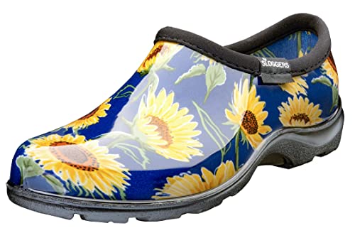 Sloggers Original Waterproof Rain and Garden Shoe for Women– Outdoor Slip-On Garden Clog - Made in The USA with Premium Comfort Insole and Arch Support - Sunflower Print Blue, Size 6