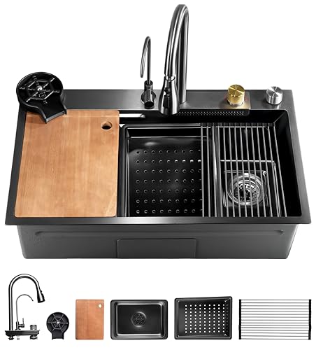 SereneLife Stainless Steel Kitchen Sink Black, Modern and Highly Durable Kitchen Sinks Includes Water Purifier Tap, Drain Rack, Cutting Board, Cup Washer & Basin Spray