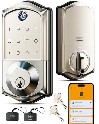 Veise VE017 Fingerprint Smart Door Lock, App Control, 8-in-1 Keyless Entry, Auto Lock, Emergency Power Port, Electronic Touchscreen Keypad, Biometric Smart Locks for Front Door, Satin Nickel