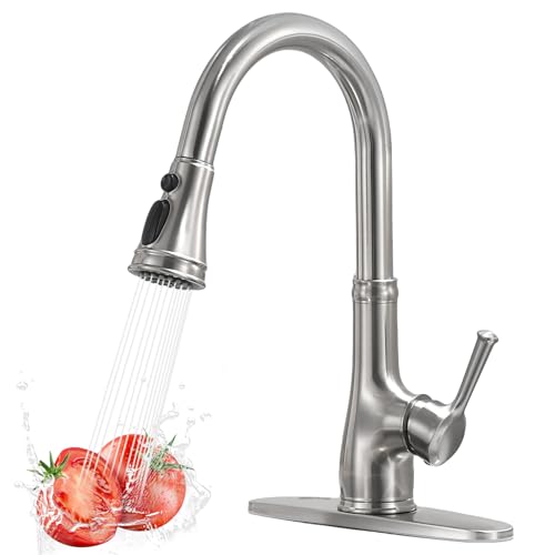WEWE Vintage Kitchen Faucet with Pull Down Sprayer, Stainless Steel 1 or 3 Hole High Arc Single Handle Antique Sink Faucet for Classic Modern Ktichen, Brushed Nickel