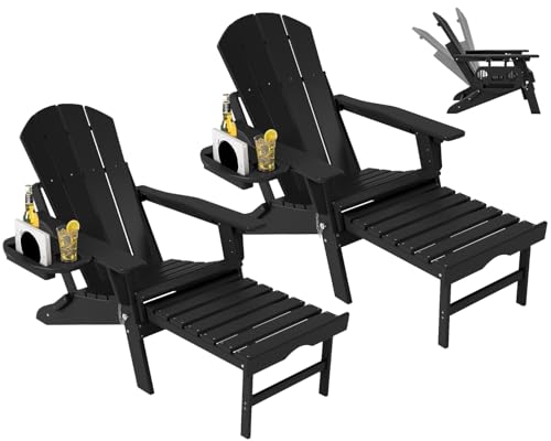 NAVINE Adjustable Adirondack Chair with Retractable Ottoman Set of 2, HDPE Folding Adirondack Chair with Cup Holder, All Weather Fire Pit Chair for Outdoor.