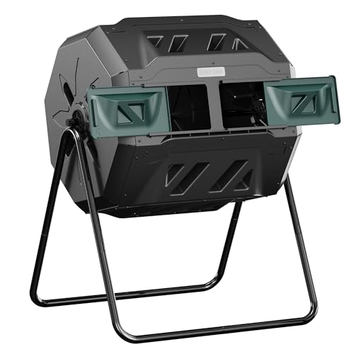 East Oak Compost Tumbler Outdoor, 43-Gal Dual Chamber Compost Bin with 2 Sliding Door and Aeration System, Tumbling Rotating Composter Bin for Garden, Kitchen, Yard