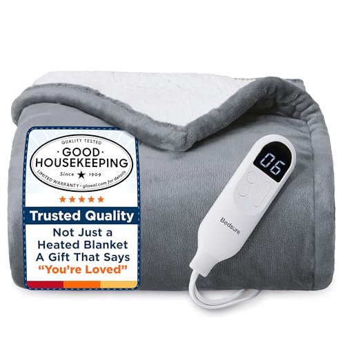 Bedsure Heated Blanket Throw Blanket - Fast Heating Electric Blanket, Soft Flannel Heated Throw with 4 Time Settings, 6 Heating Settings, Warm Gifts for Grandma & Grandpa & Seniors (50“x60”, Grey)
