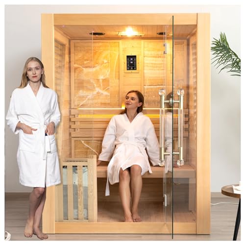 Smartmak Wood Home Steam Sauna, 3 Person Canadian Hemlock Traditional Luxurious Wooden Indoor Spa Room, with 3.5 kw Heater, Bluetooth Speaker, Rocks, Water Bucket, Spoon, Lights, US Instock