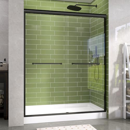 GETPRO Shower Door Double Sliding 57-60 in. W x 72 in. H Semi-Frameless Bypasss Bathroom Glass Shower Sliding Doors,1/4 inch Clear Tempered Glass Door for Walk-in Shower Matte Black