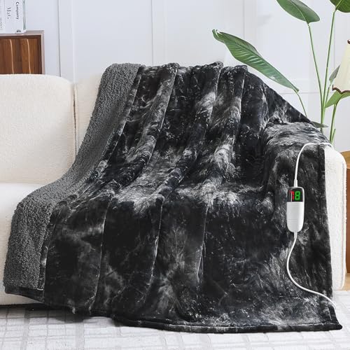 greenoak Heated Electric Blanket Throw, Faux Fur Sherpa Heating Blanket for Sofa Bed, Warm Winter Gifts for Women/Men, Heater Lap Blankets 5-Position Timer &10 Heating Levels 50''*60