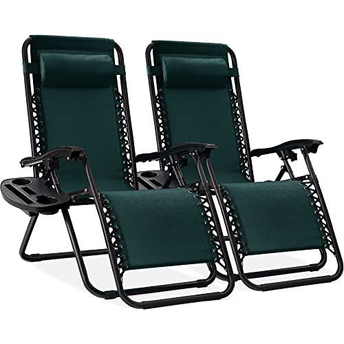 Best Choice Products Set of 2 Adjustable Steel Mesh Zero Gravity Lounge Chair Recliners w/Pillows and Cup Holder Trays - Forest Green