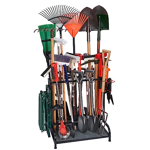Garden Tool Organizer, Yard Tools Rack Holds 55 Long-Handled Tools/Rakes/Brooms for Garage Organization and Storage, Shed, Outdoor, Lawn, Heavy-Duty Steel, Black, Easy Assembly