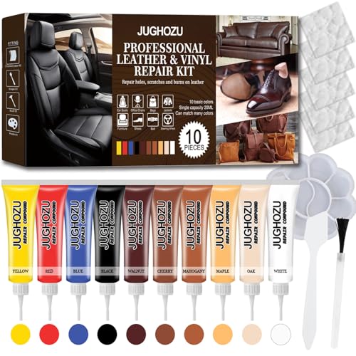 Jughozu Leather Repair Kit for Furniture, Car Seats, Jacket, 2026 New Vinyl Repair Kit with Easy Instructions to Match Any Color. Fix Tears, Scratches, Holes & Peeling on Genuine, Faux, Bonded.