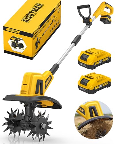 Alloyman 20V Cordless Tiller Cultivator, 360RPM Electric Garden Tiller, with 2 * 2.0Ah Batteries & Charger, 9In Tilling Width and 6.6In Depth Garden Rototiller for Lawn/Gardening/Soil Cultivation