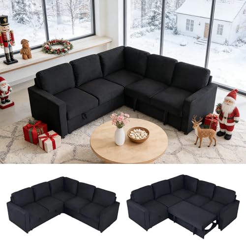 Trygoal Sectional Sleeper Sofa with Pull Out Bed, L Shaped Pull Out Couch with Storage Chaise, 5 Seats Convertible Couch Bed for Apartment, Living Room, Black