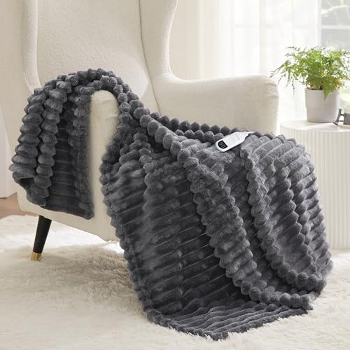 Bedsure Heated Blanket Electric Throw - Thick Striped Flannel Electric Blanket, Heating with 4 Time Settings, 6 Heat Settings, and 3-Hour Timer Auto Shut Off, Gift for Grandma (50x60 inches, Grey)
