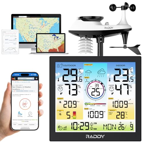 Raddy WF-120C Professional Wi-Fi Weather Station Wireless, Indoor Outdoor Temperature & Humidity Monitor with 10