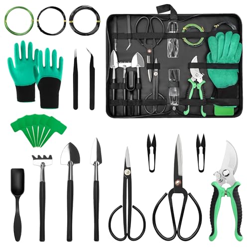 Bonfino Bonsai Tools Set, 21 Pcs Bonsai Tool Kit for Beginners, Bonsai Pruning Kit, Bonsai Scissors, Pruning Shears, PU Leather Bag, Gardening Gift for Women Parents