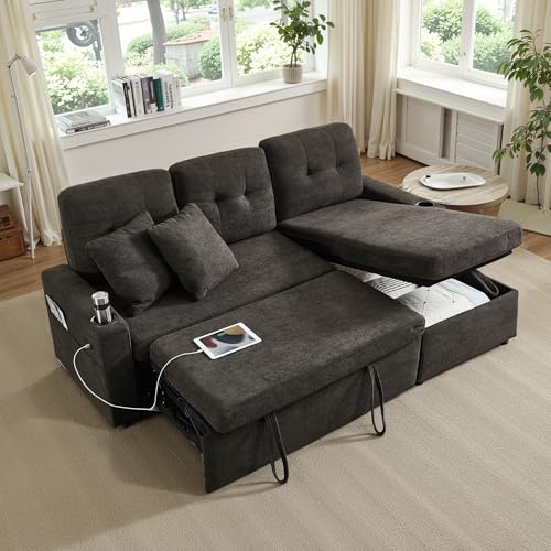 QSQG Reversible Sectional Sofa Couch, Sleeper Sofa Bed with Storage Chaise Pull Out Couch for Living Room | USB Charge | Cup Holder | Removable Backrest |Teddy Fabric (Darkgrey)