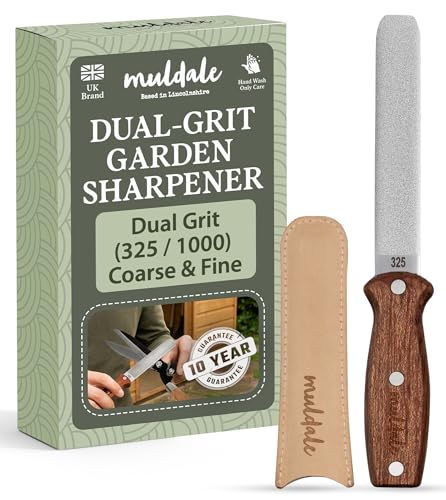 Muldale Garden Tool Sharpener - Titanium Grit Dual Sided with Leather Strop - Ax Sharpener for Pruners, Lopper, Machete, Hatchet and Shears - Rosewood Handle