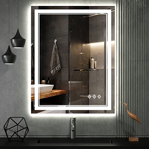 VanPokins LED Bathroom Mirror, 24x32 Inch Gradient Front and Backlit LED Mirror for Bathroom, 3 Colors Dimmable CRI>90 Double Lights, IP54 Enhanced Anti-Fog, Hanging Plates Vanity Mirror with Lights