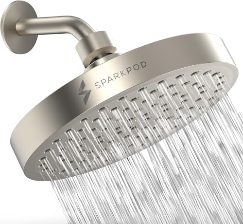 SparkPod Shower Head - High Pressure Rain - Premium Quality Luxury Design - 1-Min Install - Easy Clean Adjustable Replacement for Your Bathroom Shower Heads (Elegant Brushed Nickel, 6 Inch Round)