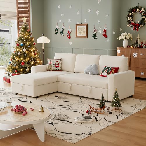 FAVSH 81-Inch L-Shape Sectional Couch, 4-in-1 Multifunctional Pull-Out Couch Sleeper Sofa with Storage Chaise & Removable Back Cushions, for Living Room/Office/Apartment (Beige)