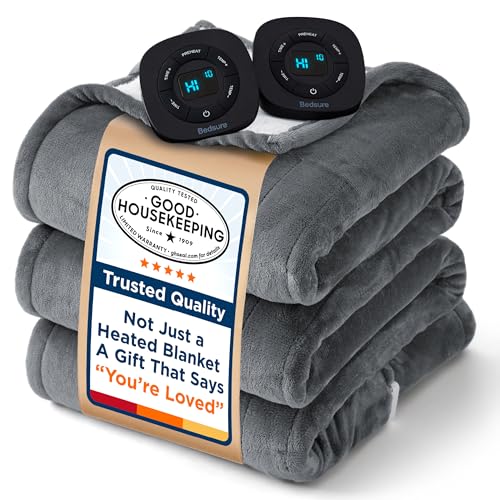 Bedsure Electric Blanket Queen Size - Dual Control Heated Blanket Queen, GentleSoft Fast Heating with 10 Time Settings & 10 Heat Settings, Warm Gift for Grandma (84x90 inches, Grey)