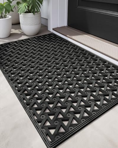 DEXI Front Door Mat Outside Entrance，19x30 Rubber Floor Doormat Heavy Duty Non Slip, Dirt Trapper Waterproof Exterior Entry Mats All Weather for Patio Entryway Drainage, Black