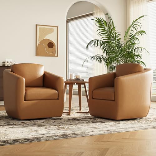 MALOL 360° Swivel Accent Chair Set of 2 with Pillow - Comfy Living Room Armchair No-Sag Foam & Sturdy Metal Base, Fully Assembled Swivel Accent Single Sofa for Bedroom Living Room, Office, Brown