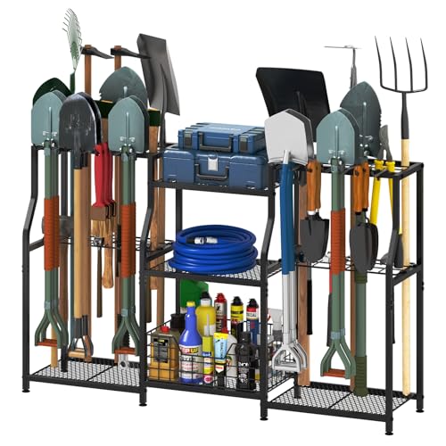 keomaisyto Garden Tool Organizer, Heavy Duty Yard Tool Tower Rack for Garage Organization and Storage, 3 Tier Utility Garden Tool Rack with hooks for Garden/Shed/Garage/Yard/Basement/Lawn