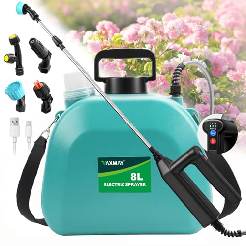 Battery Powered Sprayer 2 Gallon, 2025 Upgrade Electric Sprayer with 3 Adjustable Speed, Battery Indicator, 4 Mist Nozzles, Rechargeable Retractable Wand with Adjustable Shoulder Strap for Lawn Garden