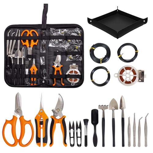 Bonsai Tools Kit 20 Pcs Garden Tools Set for Beginner, Gardening Gift for Women Men, Includes Bonsai Wire Kit, Plant Mat, Pruning Shears, Bonsai Scissors, Succulent Tools in Leather Storage Bag
