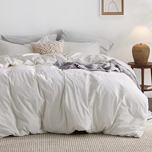 Bedsure 100% Washed Cotton Duvet Cover Queen Size - Natural White Minimalist Cotton Duvet Cover Linen Like for All Seasons - GentleSoft™ Plain Simple Bedding (Natural White, Queen, 90