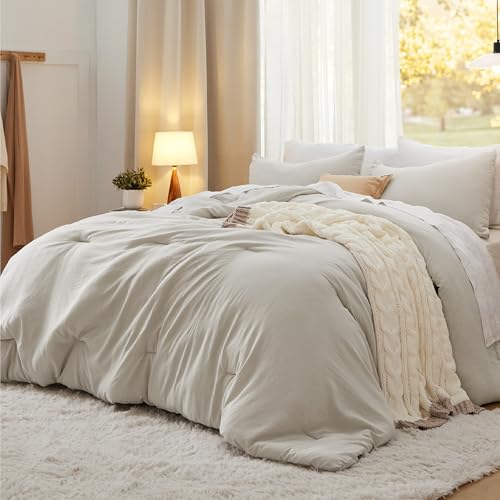 Bedsure King Size Comforter Set, Beige Soft Prewashed Bedding for All Seasons, 3 Pieces GentleSoft™ Warm Down Alternative Bed Set, 1 Lightweight Comforter (104