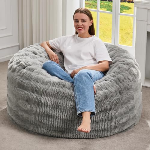 Hobestluk Bean Bag Chairs Beanbag Chair with Filler Adult Bean Bags with Fluffy Ripple Cover, Giant Bean Bag Chairs for Adults (Grey, 3FT - 36