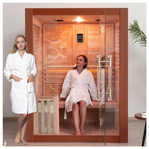 Smartmak Wood Home Steam Sauna, 2 or 3 Person Canadian Red Cedar Traditional Luxurious Wooden Indoor Spa Room, with 3.5 kw Heater, Bluetooth Speaker, Rocks, Water Bucket, Spoon, Lights