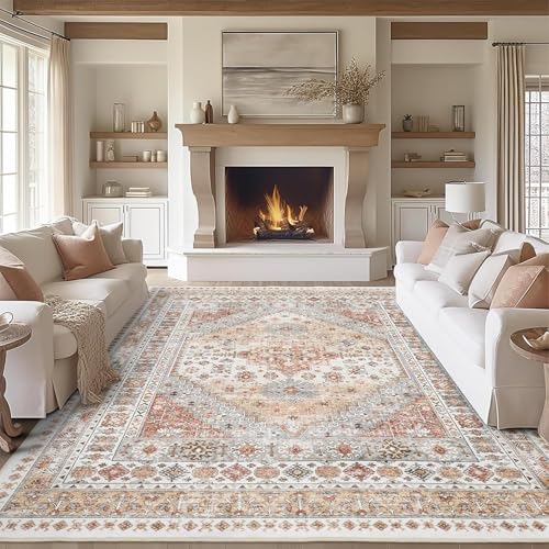zesthome 8x10 Area Rugs for Living Room,Non-Slip Backing Washable Rugs,Vintage Large Area Rug,Stain Resistant Home Decor Rug (Orange,8'x10')