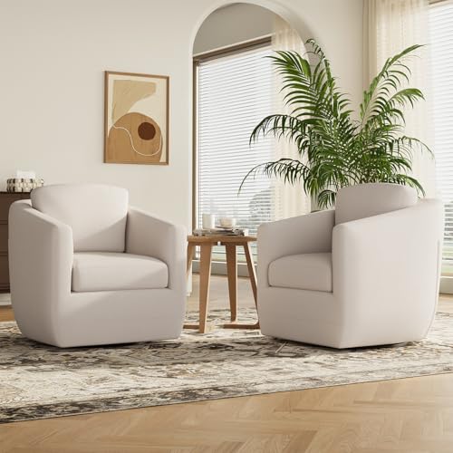 MALOL 360° Swivel Accent Chair Set of 2 with Pillow - Comfy Living Room Armchair No-Sag Foam & Sturdy Metal Base, Fully Assembled Swivel Accent Single Sofa for Bedroom Living Room, Office, Beige
