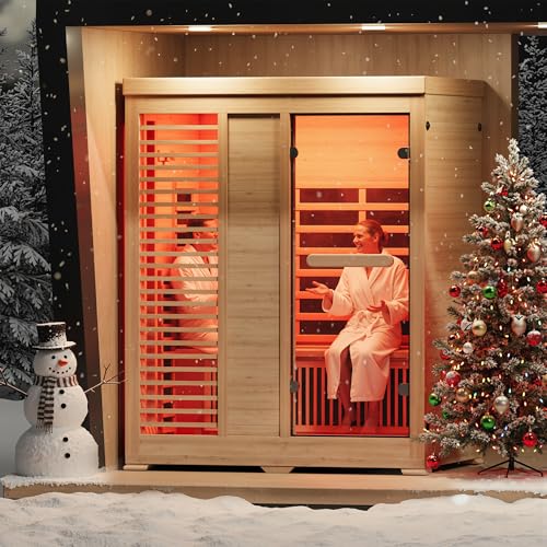 ENSTVER Infrared Wood Sauna 6.4Ft 2-3 Person, Luxury Full Spectrum Far Infrared Sauna Features Low EMF 2250w 7-Light Dynamic & Music Speakers, Canadian Hemlock Dry Indoor Saunas for Home & Gym