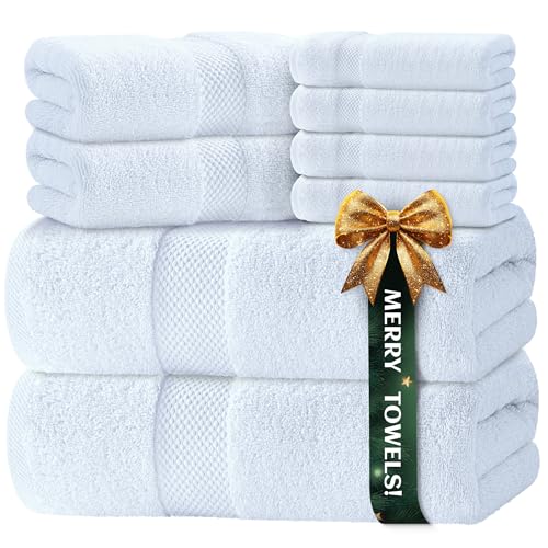 Luxury White Bath Towel Set of 8 Pieces - 100% Turkish Cotton 700 GSM Highly Absorbent Towels for Bathroom, 2 Bath Towels, 2 Hand Towels, 4 Washcloths