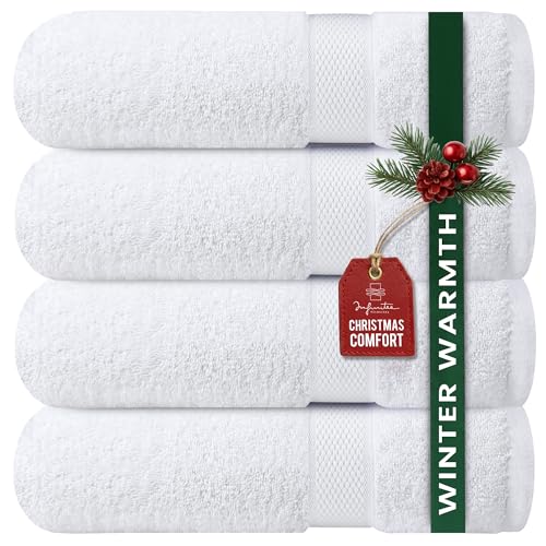 Infinitee Xclusives Luxury 100% Ring-Spun Cotton White Bath Towels Set of 4 (27x54 inches) – Soft, Absorbent & Quick-Drying Towels for Bathroom, Gym, Spa & Hotel Use (Brilliant White, Bath Towels)